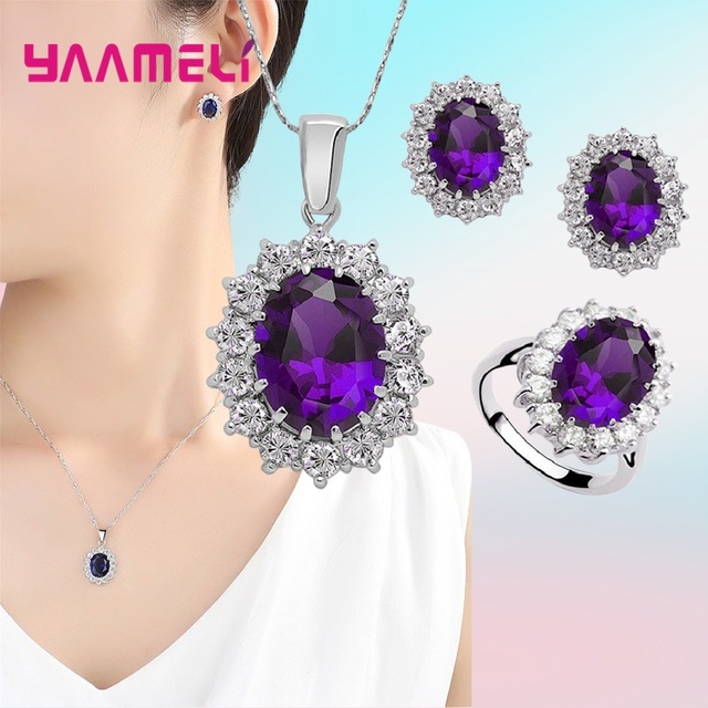 Conjuntos de joyas de plata de ley 100% auténtica para mujer, joyería de compromiso de boda, clásico de flores ovaladas, cristal de circonita cúbica brillante 925: Gris
