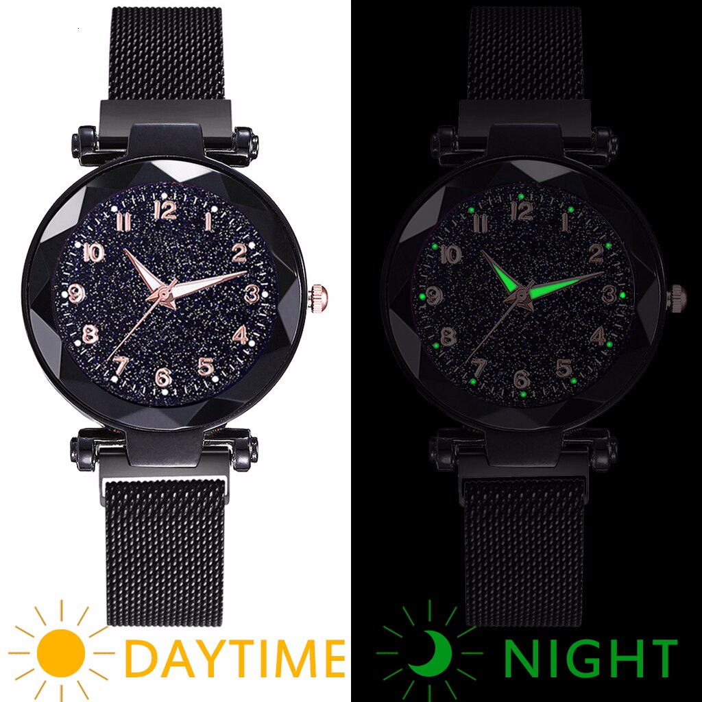 Vrouwen Magneet Gesp Sterrenhemel Lichtgevende Horloge Luxe Dames Rvs Quartz Horloge Relogio Feminino: black