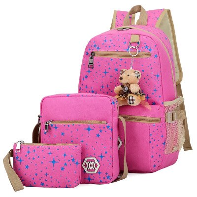 3 Stuk Student Mode Schooltas Vrouwelijke Koreaanse Canvas Afdrukken Grote Capaciteit Rugzak Outdoor Reizen Multifunctionele All-Match: rose red
