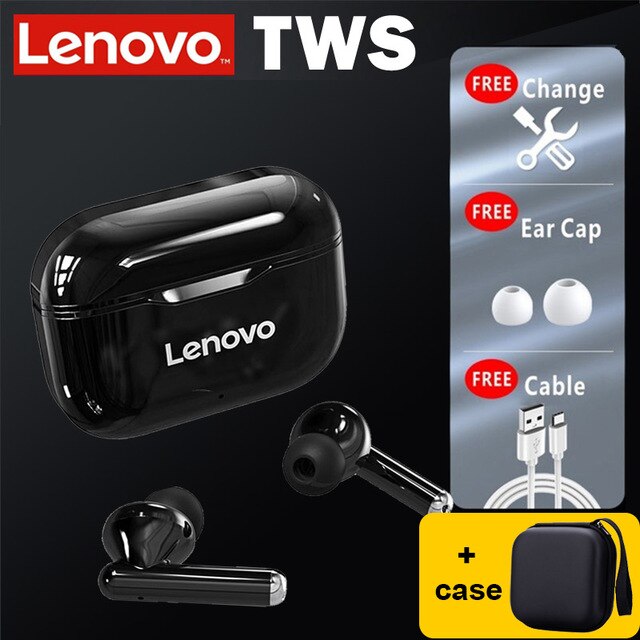 Lenovo-Auriculares inalámbricos TWS LP1, audífonos estéreo con Bluetooth 5.0, doble reducción de ruidos y bajos, control táctil, batería de 300mAh, de larga duración en modo de reposo, nuevos y originales: full black with case