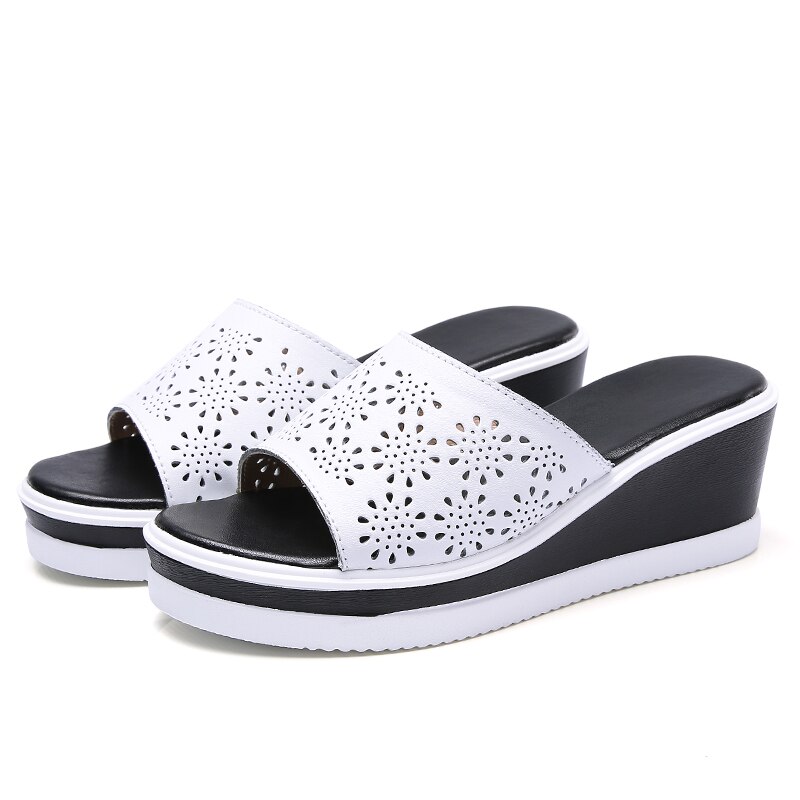 Jzzddown kvinder læder sko slip on strand sandaler hjemmesko damer kork kile sandaler kvindelige platform sandaler sko kvinde sommer: 8455 hvide / 8