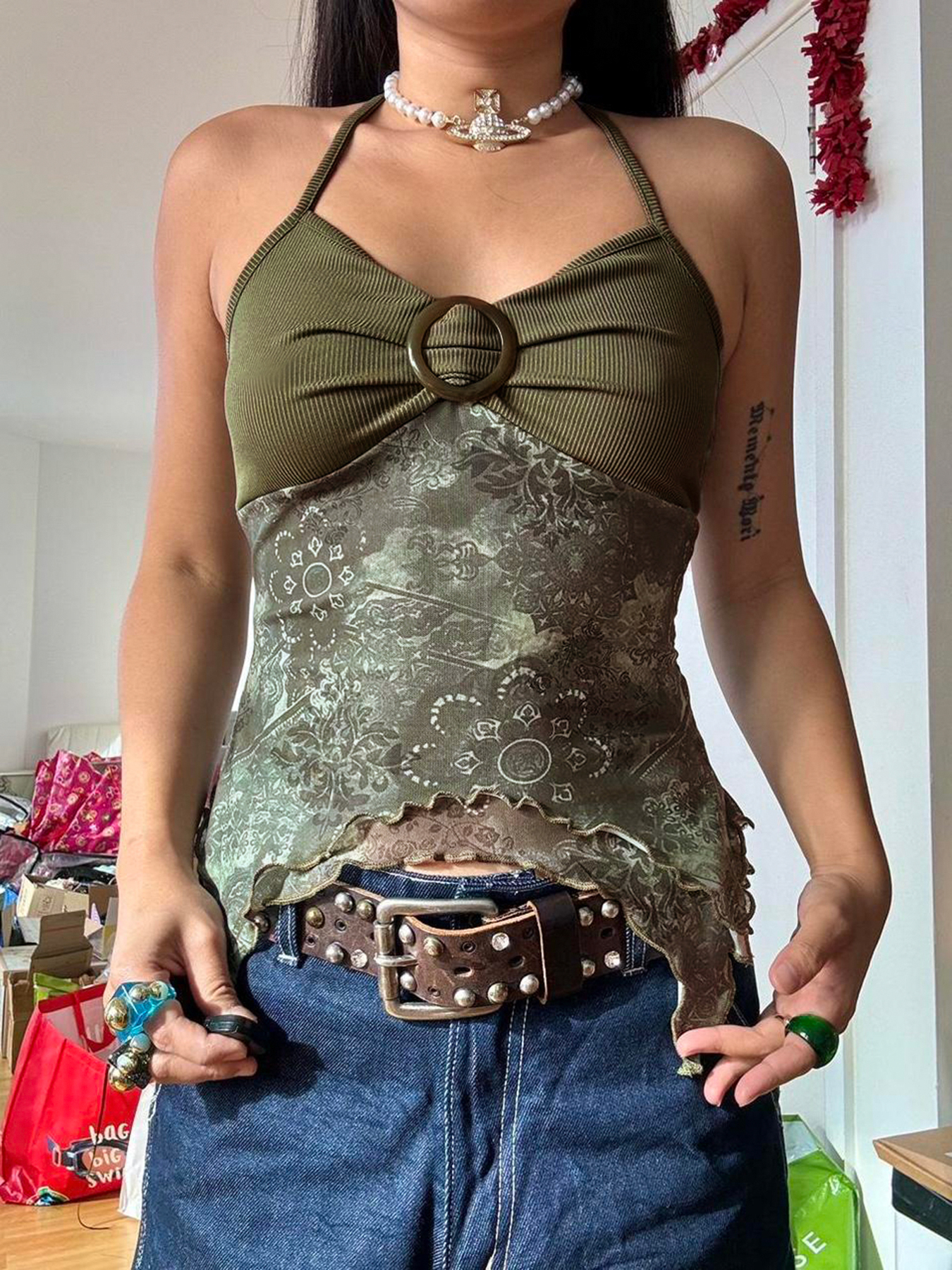Sweetown-camisola Retro verde bosque con estampado Vintage para mujer, camisola bohemia Y2K con Espalda descubierta, Tops asimétricos con lazo Halter, ropa para vacaciones de verano