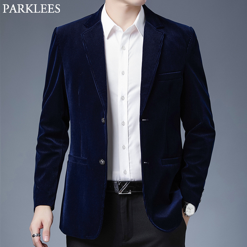 Winter Blauw Corduroy Heren Pak Jas Slim Fit Single Breasted Blazers Mannen Zakelijke Formele Casual Blazer Hombre