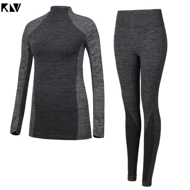 KLV Brand Winter Thermal Underwear Women Sportwear Elastic Breathable Female Casual Warm Long Johns Set: Dark grey / M