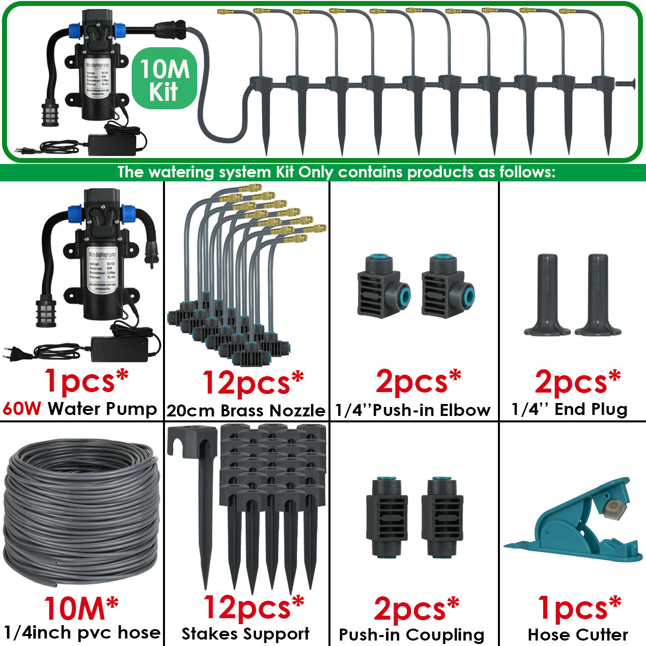 5M-30M 360° Bendable Mist Brass Cooling Sprinkler Self-priming Pump Watering System Quick Push-in Connector Drip Irrigation Kits