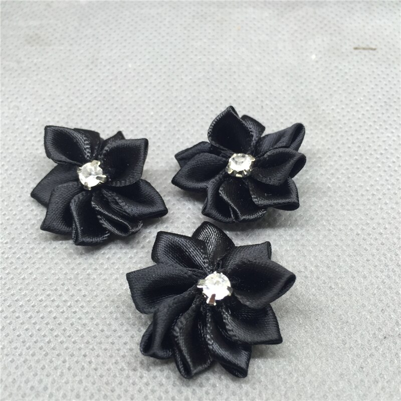 Ruban de fleurs en Satin, 10 pièces, avec des Appliques de perles de cristal, artisanat/garniture, bricolage: black