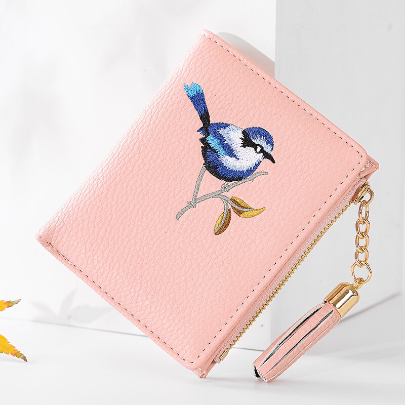Wallet Women Bird Embroidery Portefeuille Femme Zipper Hasp Short Purse Leather Card Holder Green Blue Pink Black Women Wallets: Type A pink