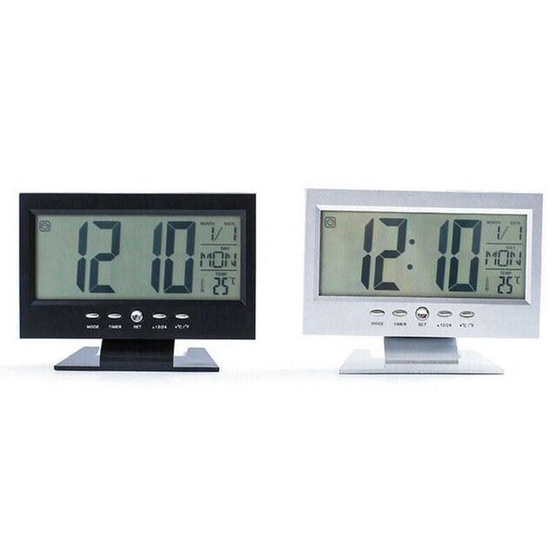LCD Digital Time Alarm Clock Multifunction Snooze Calendar Temperature Night Display Sound Activated Table Clock