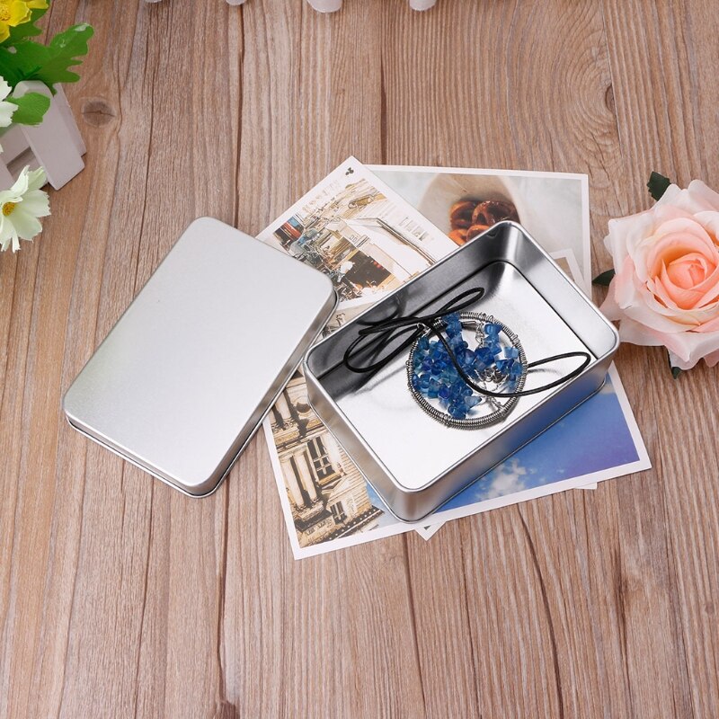 Metal Rectangular Storage Box Container with Lid, Small Tin Boxes Empty Containers Silver Storage Box Case Organizer