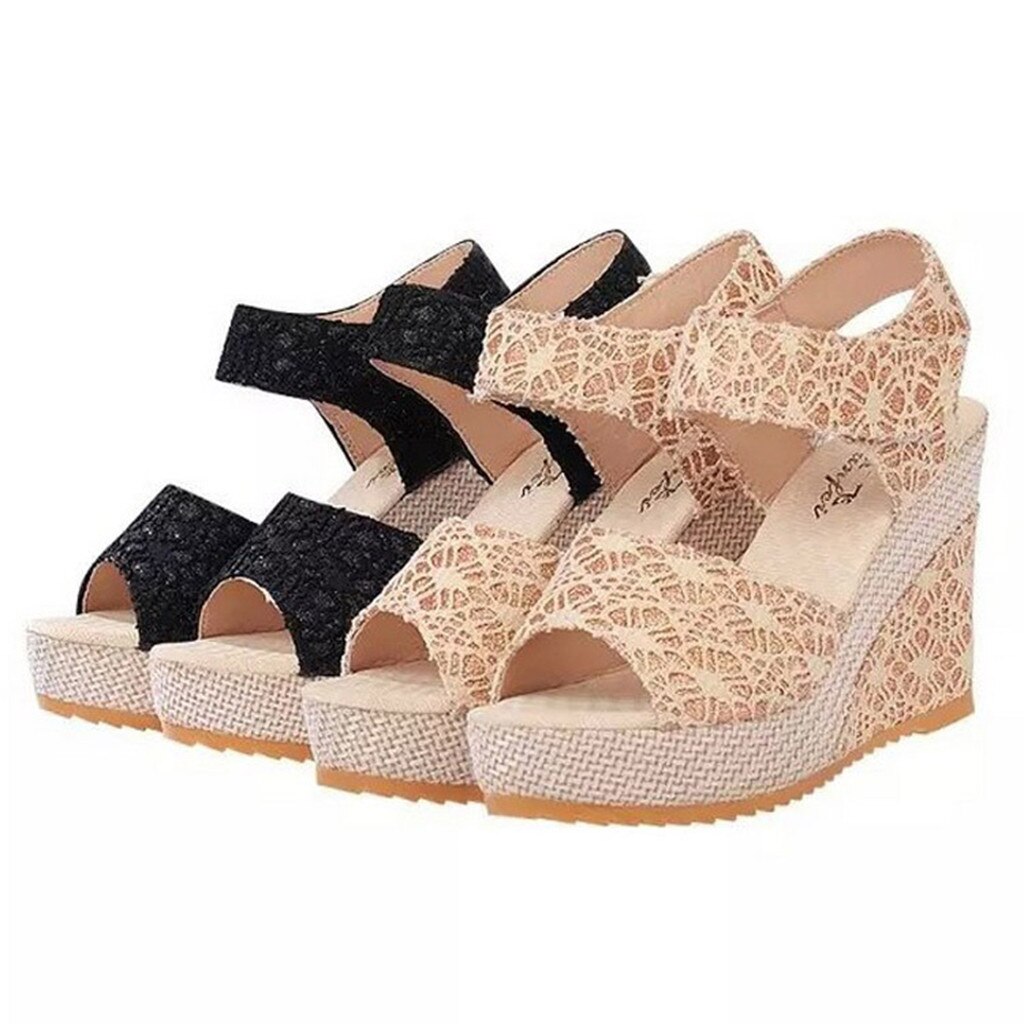 Kobiety moda lato platforma sandał na koturnie kostki pasek kwiat sznurowane buty obuwie Party szpilki Chaussures Zapatos De Mujer