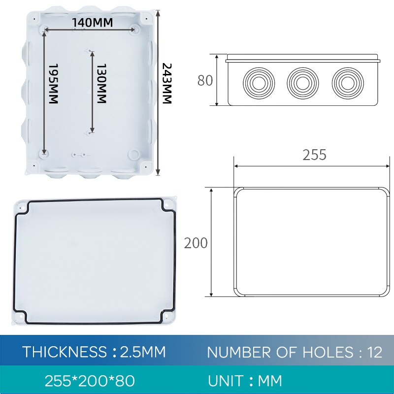 255*200*80MM ABS Plastic IP65 Waterproof Junction Box DIY Outdoor Electrical Connection box Cable Branch box: With Holes