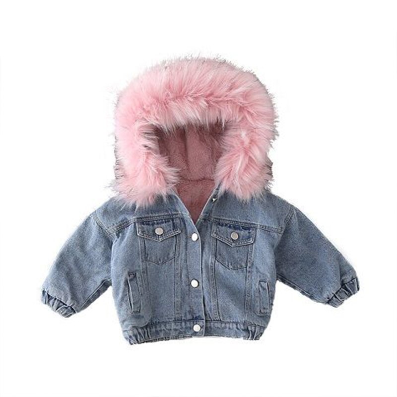 Vêtements pour enfants pour garçons et filles automne et hiver vestes velours épaississement veste en jean pour enfants de luxe grand col en fourrure: pink fur collar / 100
