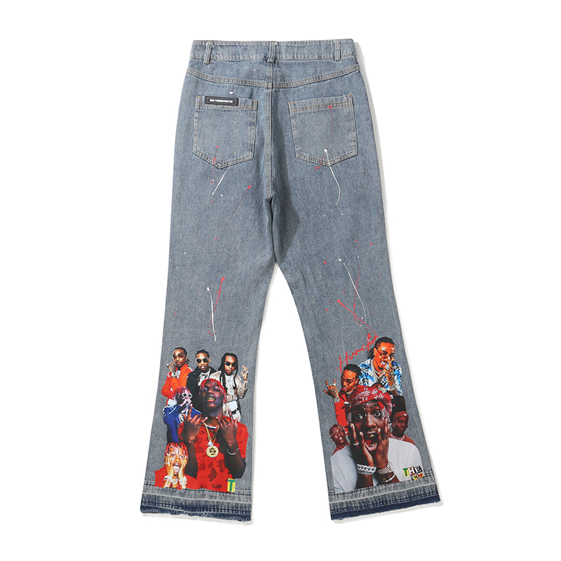 Pantalones vaqueros desgastados con estampado de salpicaduras para hombre y mujer, ropa de calle de retales de Hip Hop, corte de bota, lavado pesado, rasgados, ajustados