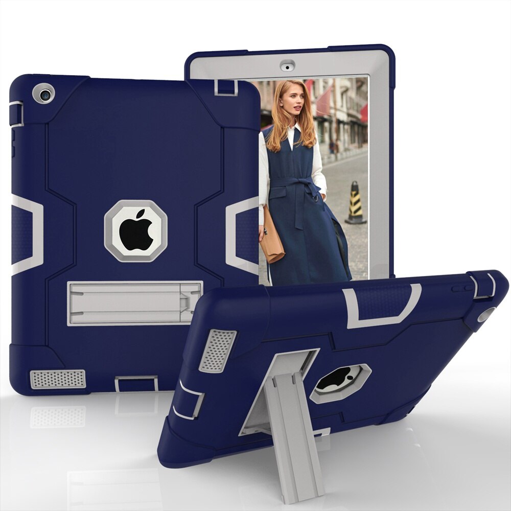 For Apple iPad 2 3 4 A1458 A1459 A1460 A1416 A1397 Case Shockproof Kids Safe PC Silicon Hybrid Stand Full Body Tablet Cover: Navy Blue - Grey