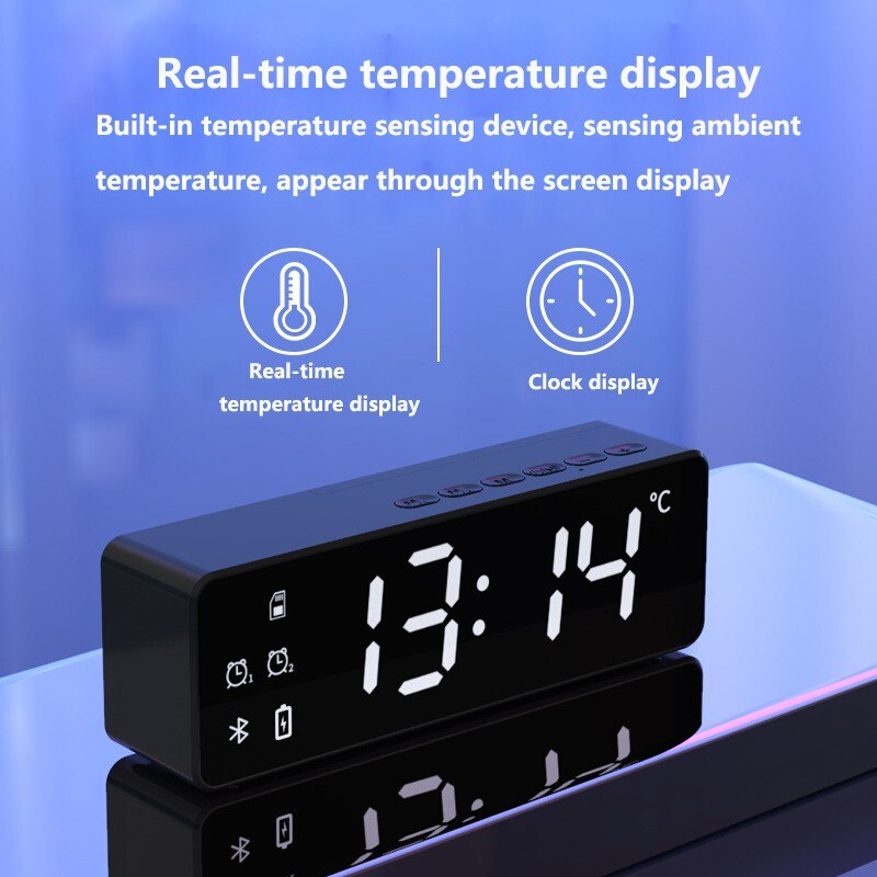 bluetooth 5.0 portable speaker soundbar with LED Mirror alarm clock temperature supports TF card 3.5 mm AUX speaker box