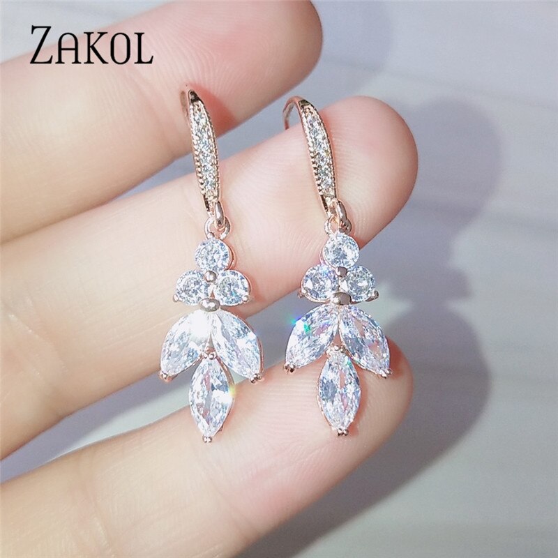 ZAKOL Marquise Cut Cluster Flower Zirconia Crystal Long Dangle Earrings Shiny Leaf Bridal Wedding Jewelry for Women