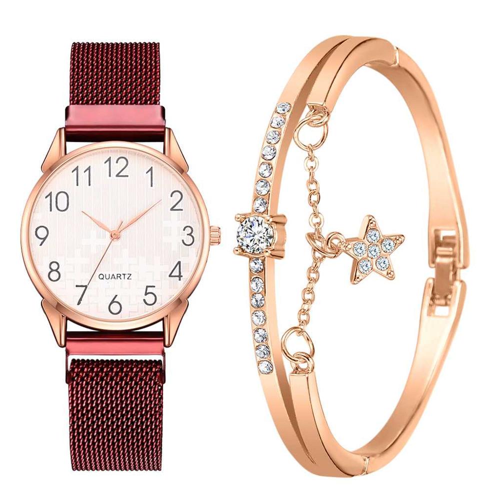 Ensemble de 2 montres pour femmes avec bracelet en maille magnétique et aimant en or, montres à quartz à chiffres arabes pour femmes: Ensemble rouge