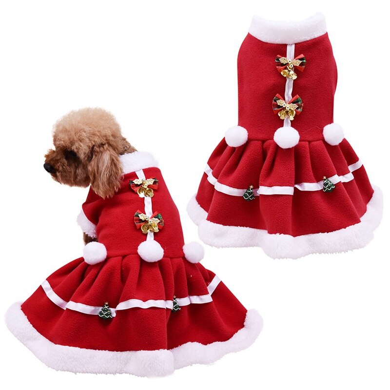 Kerst Huisdier Warm Jurk Puppy Fleece Rok Yorkshire Jas Trouwjurk Hond Meisjes Kostuum Rode Jurk Winter Strik Kleding