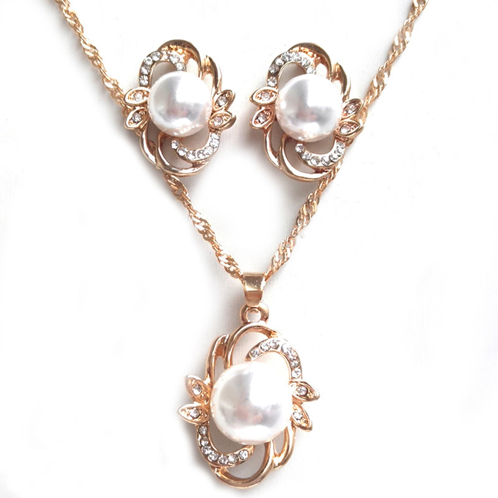 Gesimuleerde Parel Bruids Sieraden Sets Crystal Gouden Vergulde Sieraden Bloem Blad Ketting Oorbellen Sets voor Vrouwen