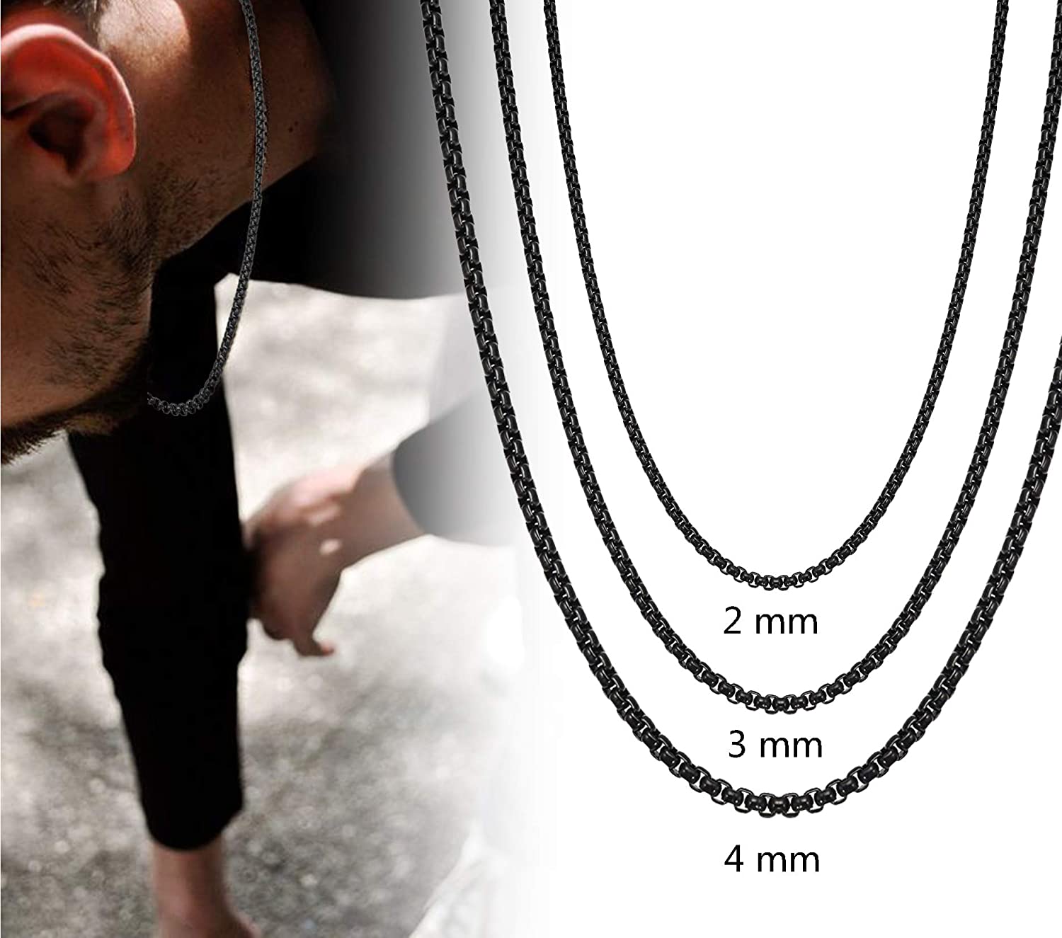 2MM 2.5MM 3MM 4MM Black Box Necklaces Stainless Steel Rolo Cable Chain For Men Women USENSET