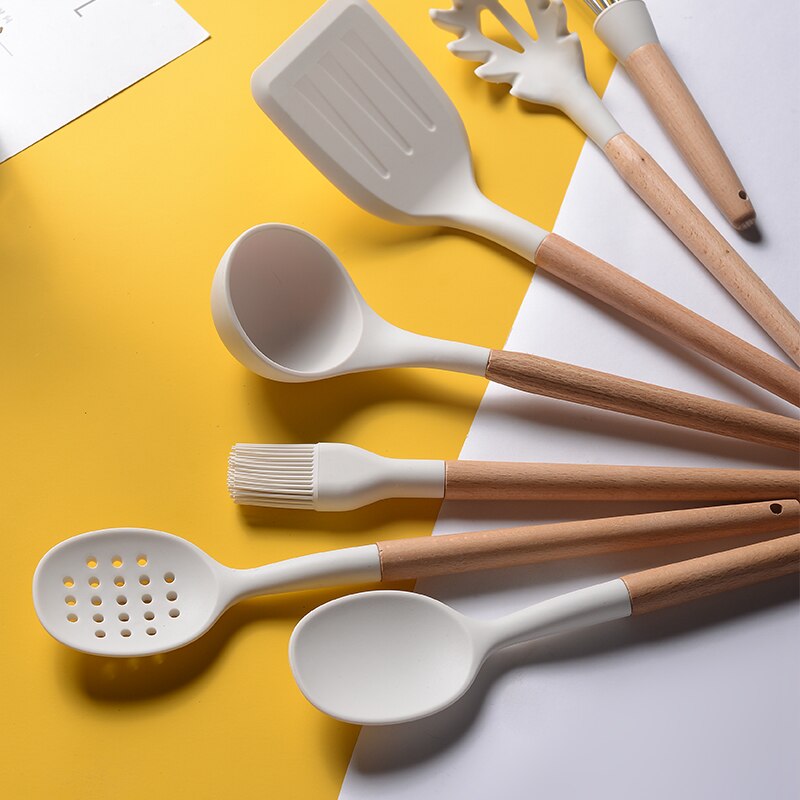 1PCS Silicone Utensils With Wooden White Cooking Kitchenware Tool Multifunction Handle Non-Stick Spatula Ladle Egg Beaters