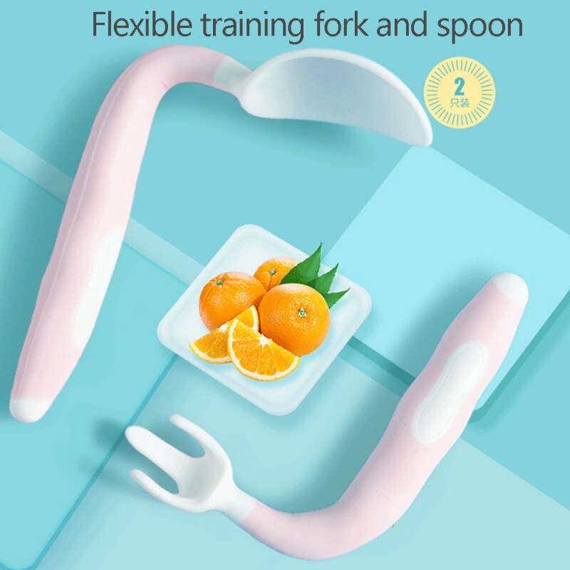Baby Feeding Spoon Fork Utensils Set Children Curved Handle Easy Grip Elbow Training Kit