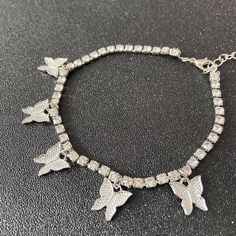 Pulsera tobillera de mariposa para mujer, brazalete de Color dorado con diamantes de imitación, para pierna, Accesorios de playa, joyería para el tobillo: SIlver