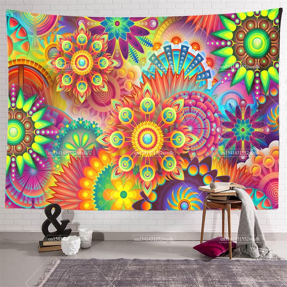 Boho Blacklight Tapestry Colorful Mandala Floral Tapestry Wall Hanging UV Reactive Aesthetic Glow In The Dark Party Backdrops