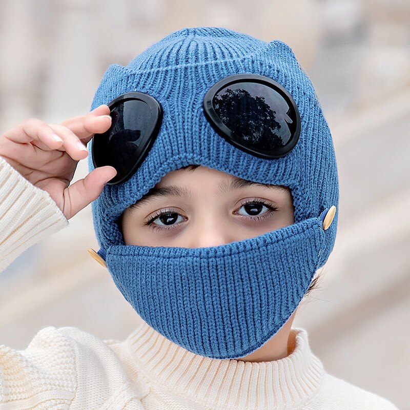 Art 2 in 1 Rippen betroffen Mütze Hütte Mund Maske einstellen Winter Warme Winddicht Schnee Gefesselt Earflap Kappe mit Brille brille: Blau