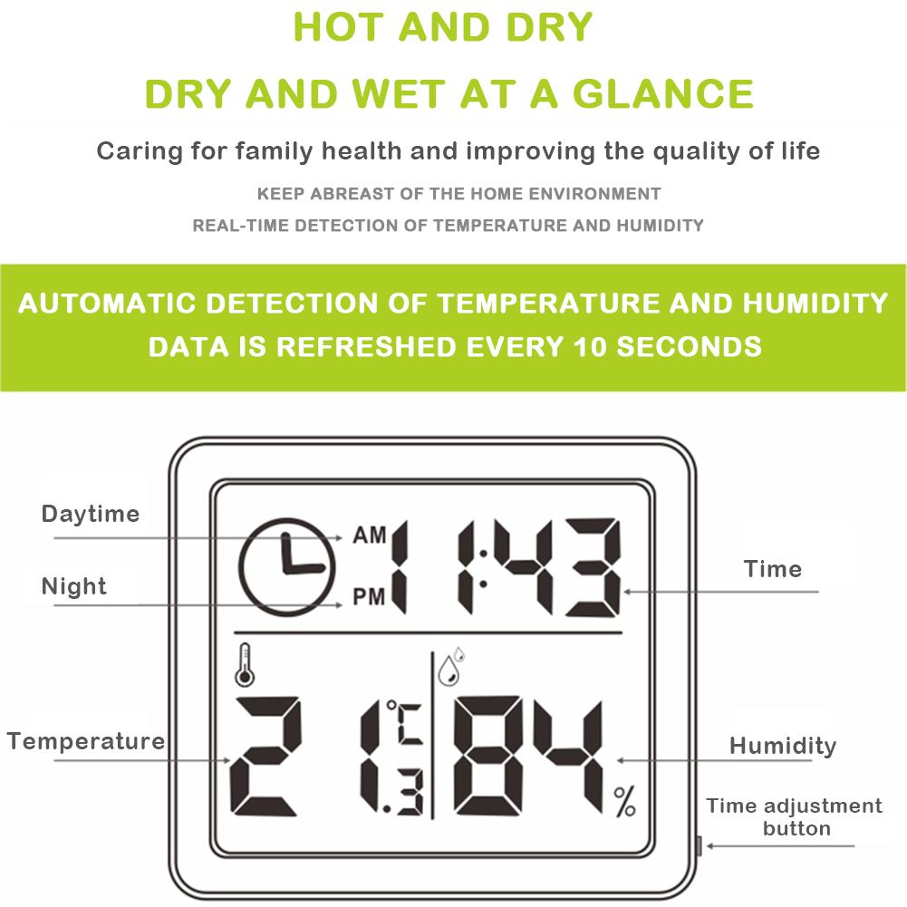 Electronic Temperature Humidity Monitor Clock Large LCD Screen 81x71x10mm Multifunction Thermometer Hygrometer Automatic