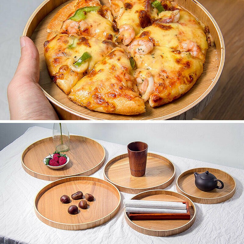 Wooden Round Serving Tray Wood Plate Tea Food Dishe Drink Platter Food Server Plate Dinner Beef Steak Fruit Snack Dessert Tray