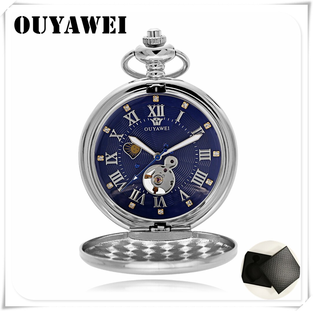 OUYAWEI Luxury Golden Moon Phase Mechanical Pocket Watch Roman Number Tourbillon Dial Pendant Chain Men Women