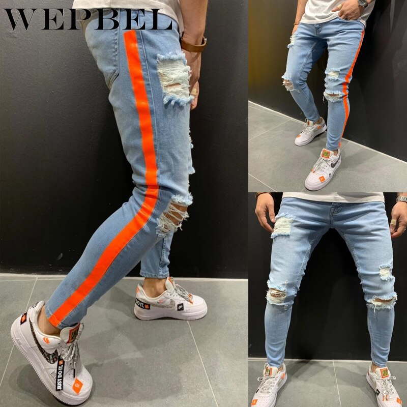 Wepbel herreside rød stribet slim jeans bukser street style hip hop afslappet denim joggers herre bukser plus str.