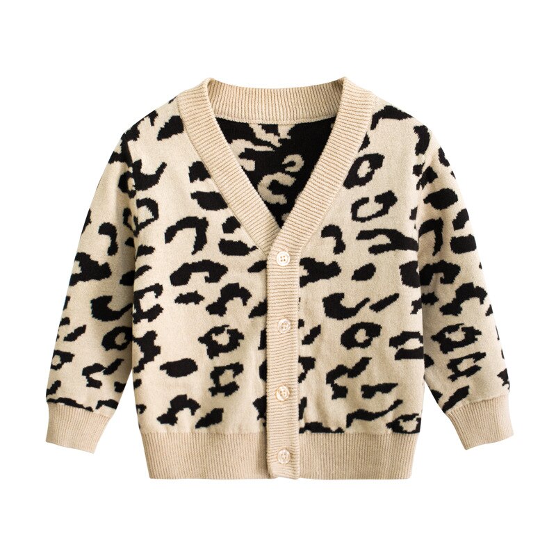 Pull léopard en coton tricoté pour enfants, automne, bébé fille, simple boutonnage, manches longues, col en v, pull pour enfants