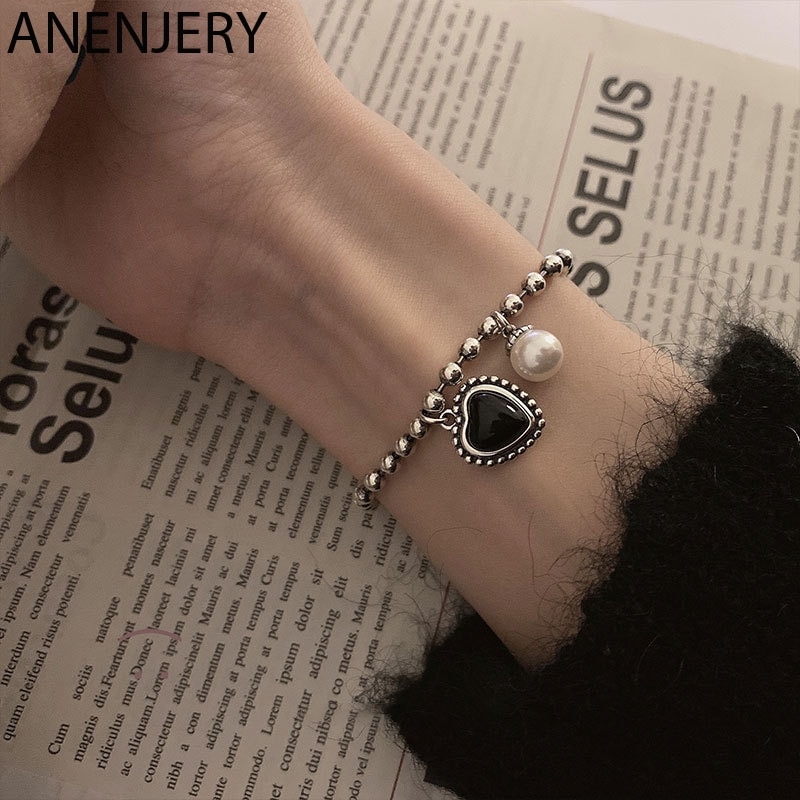 ANENJERY – Bracelet en argent Sterling 925 pour femmes, bijou Vintage noir réglable en forme de cœur