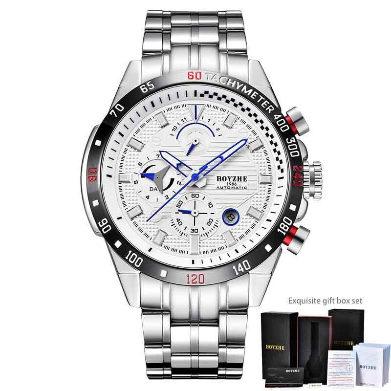 BOYZHE Sport Automatische Uhr Männer Edelstahl Chronograph Herren Mechanische Uhren Auto Datum Luxus montre homme: Weiß Silber- hinzufügen Kasten
