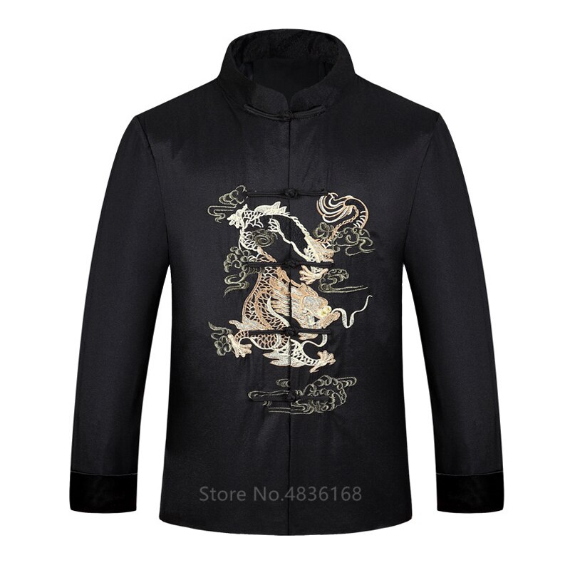 Chinese Stijl Tang Past Emboridery Dragon Hanfu Blouse Volledige Mouw Jas Traditionele Chinese Kleding Voor Mannen Jaar Kleding: Black / M