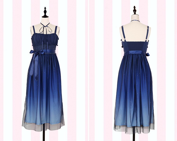 Lolita robe robe japonaise Kawaii femmes ciel étoilé dégradé bleu jarretelle en mousseline de soie robe de fée fille printemps doux Lolita SL2927: long dress / S