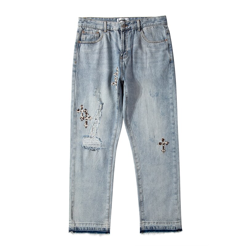 Jean déchiré rétro avec un croix brodée pour hommes, denim décontracté, pantalons délavés, droits, surdimensionnés, jeans, pantalon, haut, rue: pic color1 / Asian36
