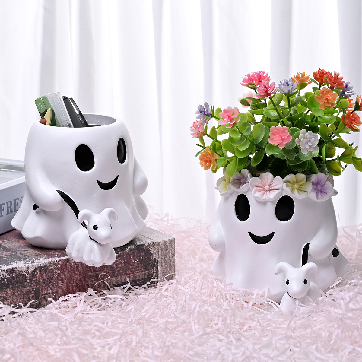 Schattige halloween-spookbloempot - griezelige decoratie van hars voor op je bureau of plank, gotische tuindecoratie
