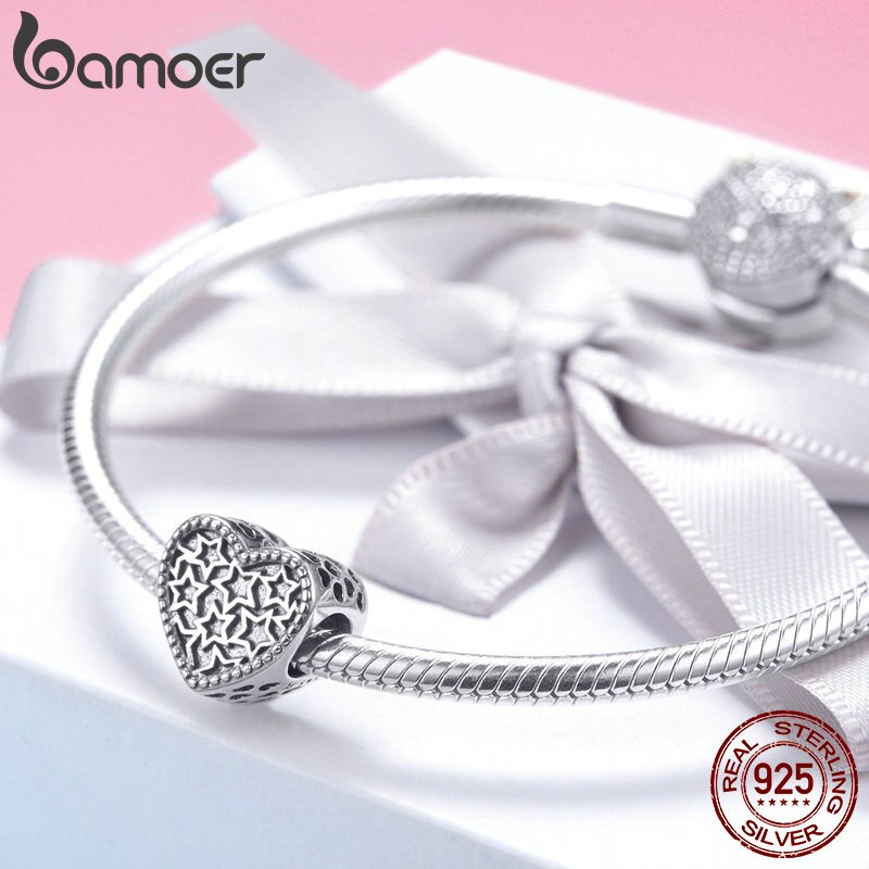 BAMOER Genuino Dell'argento Sterlina 925 di San Valentino Regalo di Giorno a Forma di Cuore Star Pavimenta I Branelli misura I Braccialetti Delle Donne Dei Braccialetti Dei Monili di SCC1052