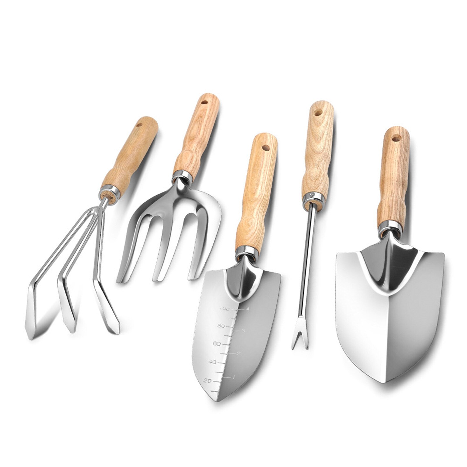 Wooden Handle Gardening Tools Gardening Tool Shovel Spade Rake Fork Weeder 5-Piece Set Portable Gardening Tool Metal Garden Soil