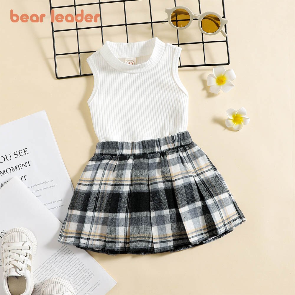 Bear Leader Mode Baby Meisjes Set Zomer Kids Kleding Meisjes Solid T-shirt Tops Plaid Rok Pak Kinderen Causale Baby Meisje outfit