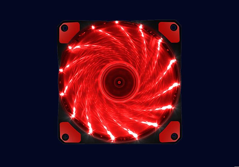 15 lysdioder  or 33 led pc-computer 5 farve 16db ultra lydløs game case ventilator heatsink køler kølegummi 12cm blæser 12v molex 4 pin 3p: 15 lysdioder røde