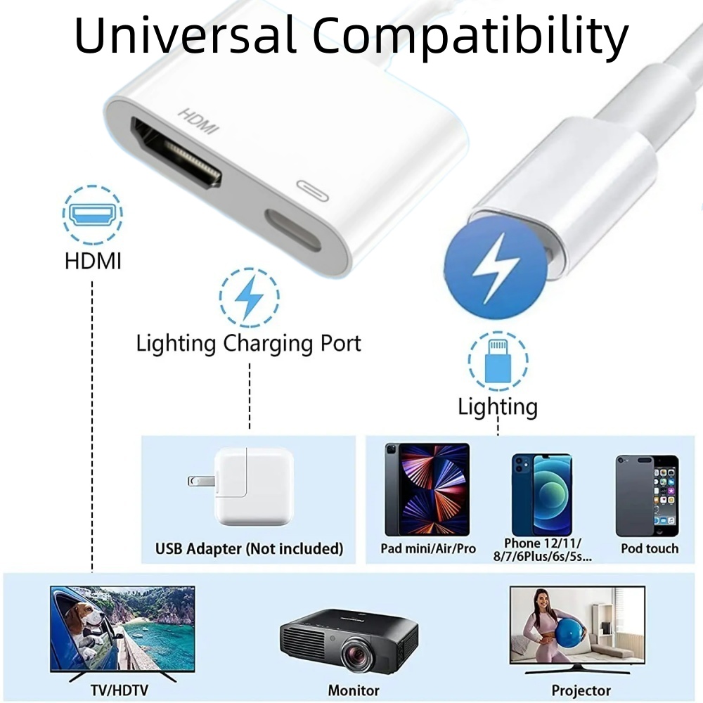 2 In 1 HD 1080P Phone To HDMI-Compatible Projection Cable Adapter With Charging Port No Power Needed Universal Compatibility