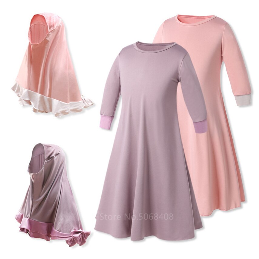 Moslim Traditionele Kleding Islamitische Gewaad Kids Baby Meisjes Rijker Saudi Arabische Dubai Effen Abaya Kaftan Met Ruche Boog Hijab Jurk