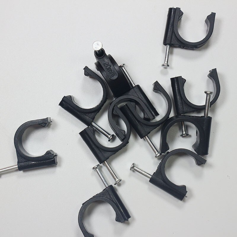 50pcs/pack blackPE Plastic 20mm Circle Cable Clip C Shaped High Carbon Steel Nails Cable clips Wire Wall holder