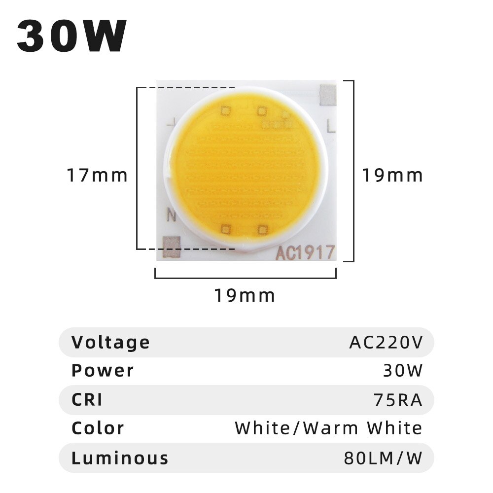 10 Stks/partij 3W 5W 7W 9W 12W 15W USB-HID AC220V Cob Led Chips AC1414 AC1917 Oppervlak Lichtbron Led Kralen Voor Spotlight Downlight: 30W-AC1917 / White