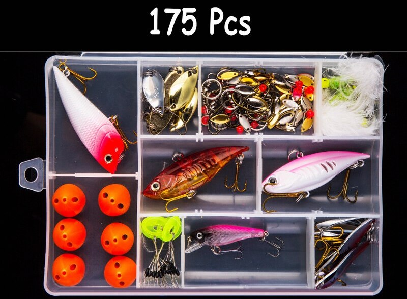 Multi fiskeri lokkesæt spinner crankbait minnow popper vib blød hård ske crank lokkemad fiskekroge tilbehør til redskabsboks: 175 stk-m