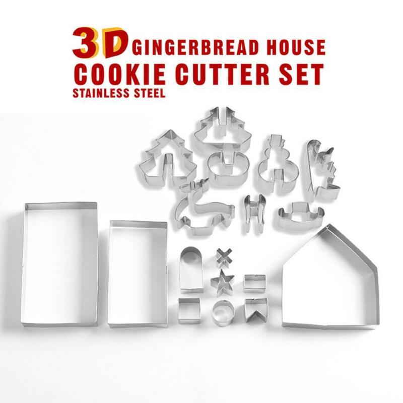 18PCS 3D Christmas Cookie Cutter Set Stainless Steel Xmas Biscuit Mold Gingerbread House DIY Baking Pastry Tool Kitchen Toys
